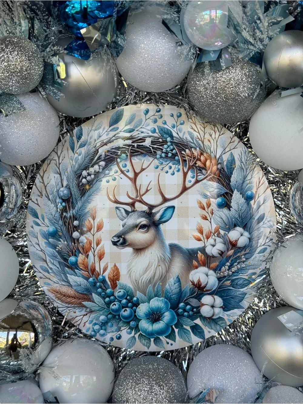 Blue & White Reindeer Decorative Holiday Wreath